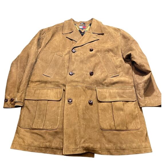Vintage 90s Tommy Hilfiger Mens Heavy Suede Leather Trench Coat Plaid Wool Liner - Picture 1 of 11